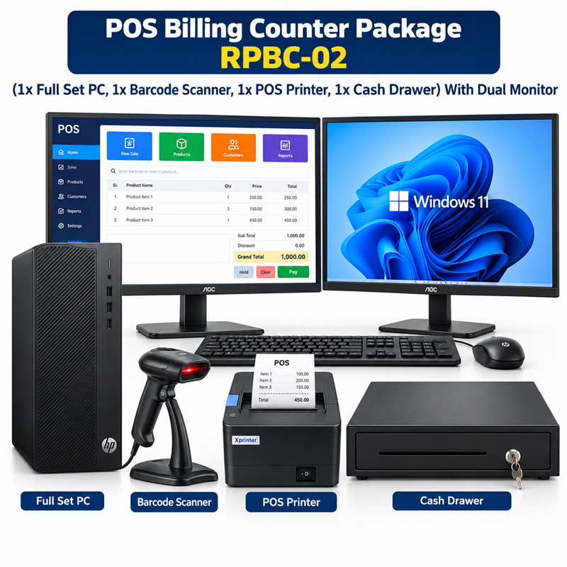 POS Billing Counter Package: RPBC-02 (1x Full Set PC, 1x Barcode Scanner, 1x POS Printer, 1x Cash Drawer) With Dual Monitor