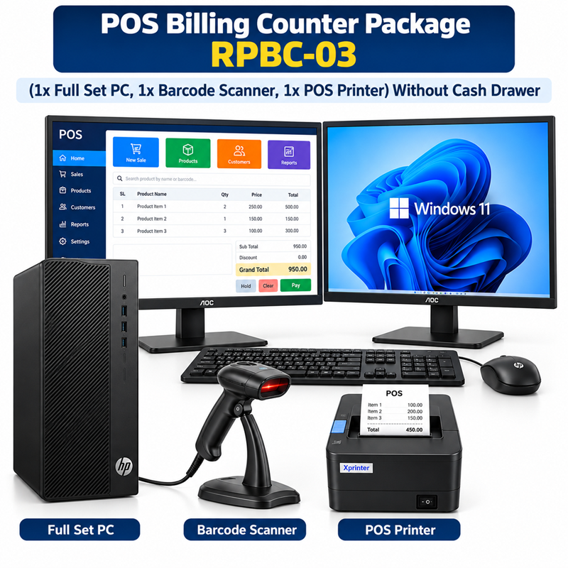 POS Billing Counter Package 3 (1x Full Set PC, 1x Barcode Scanner, 1x POS Printer) Without Cash Drawer